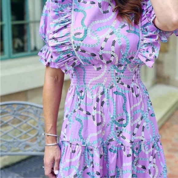 Sheridan French Sabine Asymmetrical Ruffle Maxi Dress L Purple Serpentine Boho - Picture 1 of 6